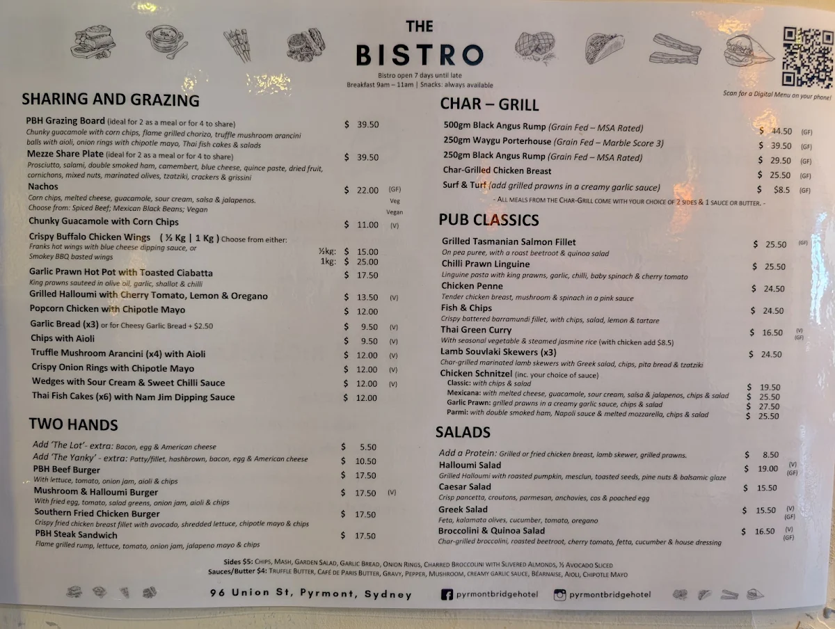 Menu, Pyrmont Bridge Hotel