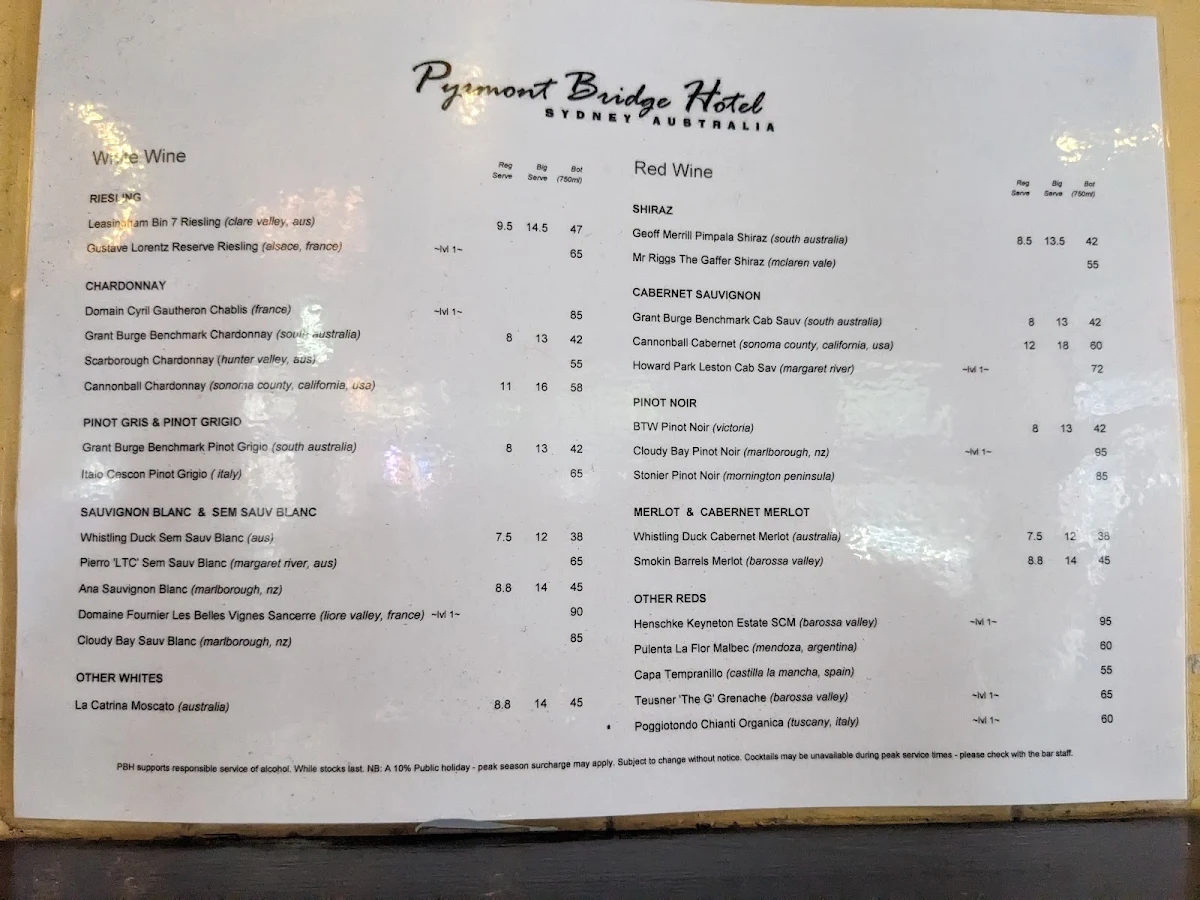 Menu, Pyrmont Bridge Hotel
