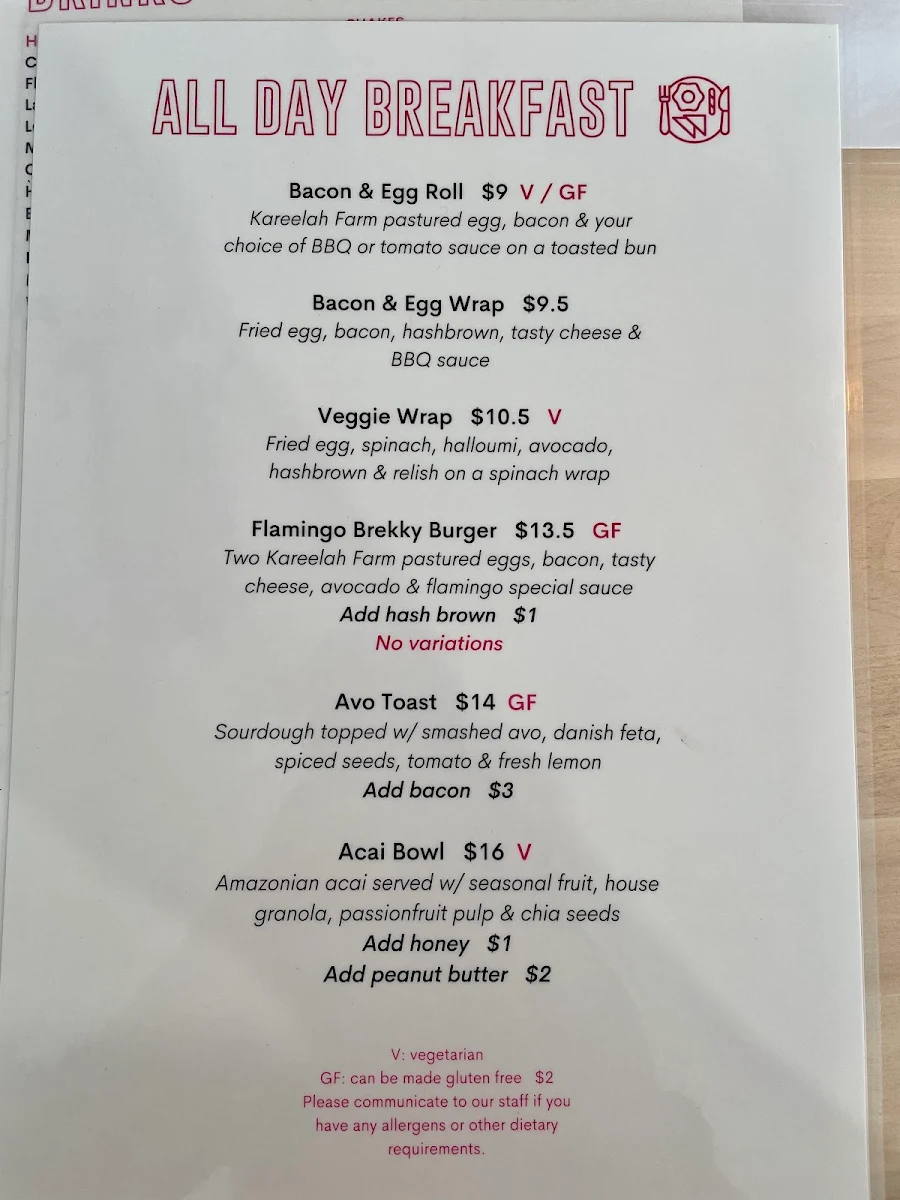 Menu, Three Flamingos Espresso