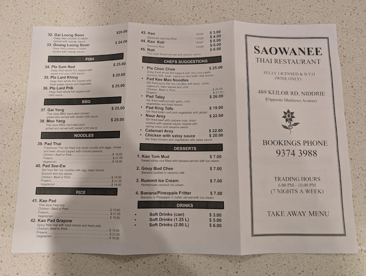 Menu, Saowanee Thai