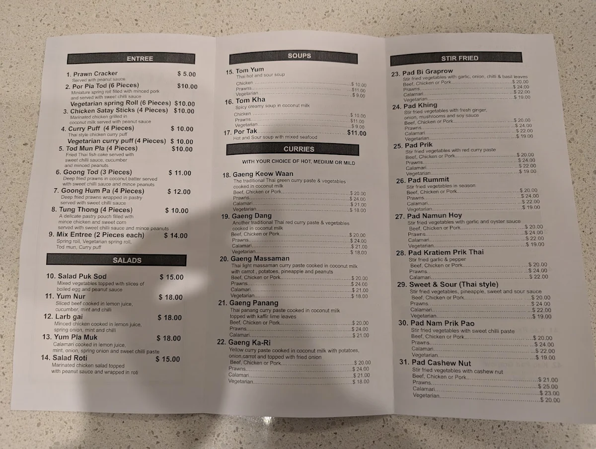 Menu, Saowanee Thai