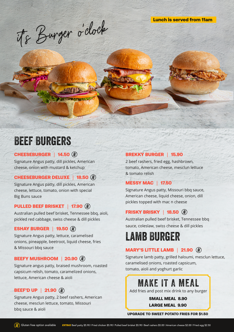 Menu, Big Buns Burgers Ribs & Shakes - Upper Mount Gravatt