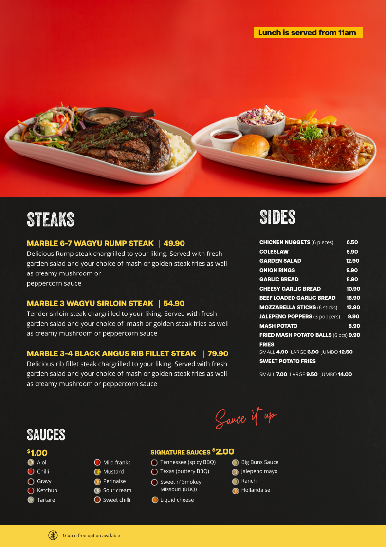 Menu, Big Buns Burgers Ribs & Shakes - Upper Mount Gravatt