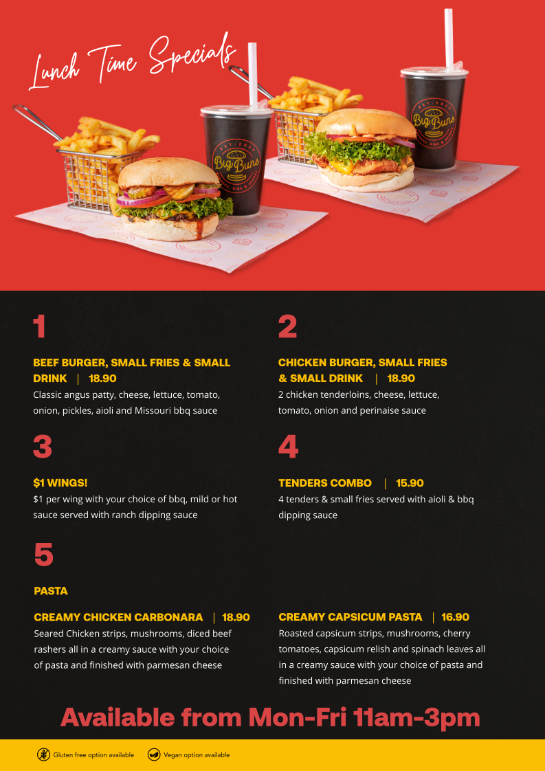 Menu, Big Buns Burgers Ribs & Shakes - Upper Mount Gravatt