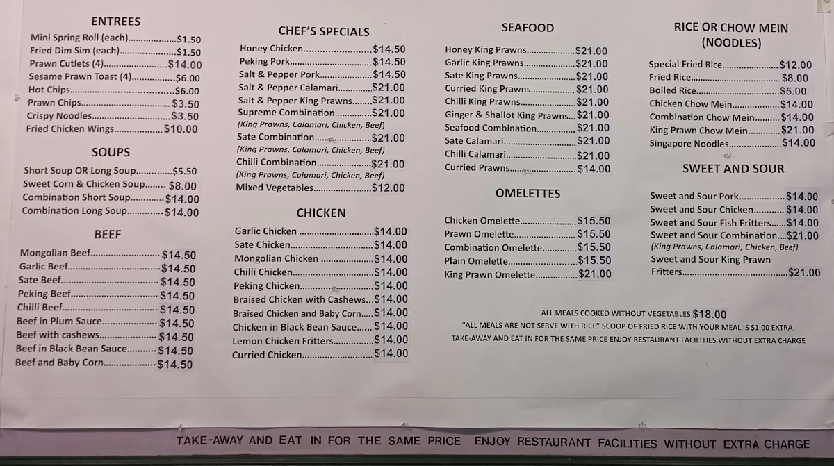 Menu, Taree Chinese Fast Food
