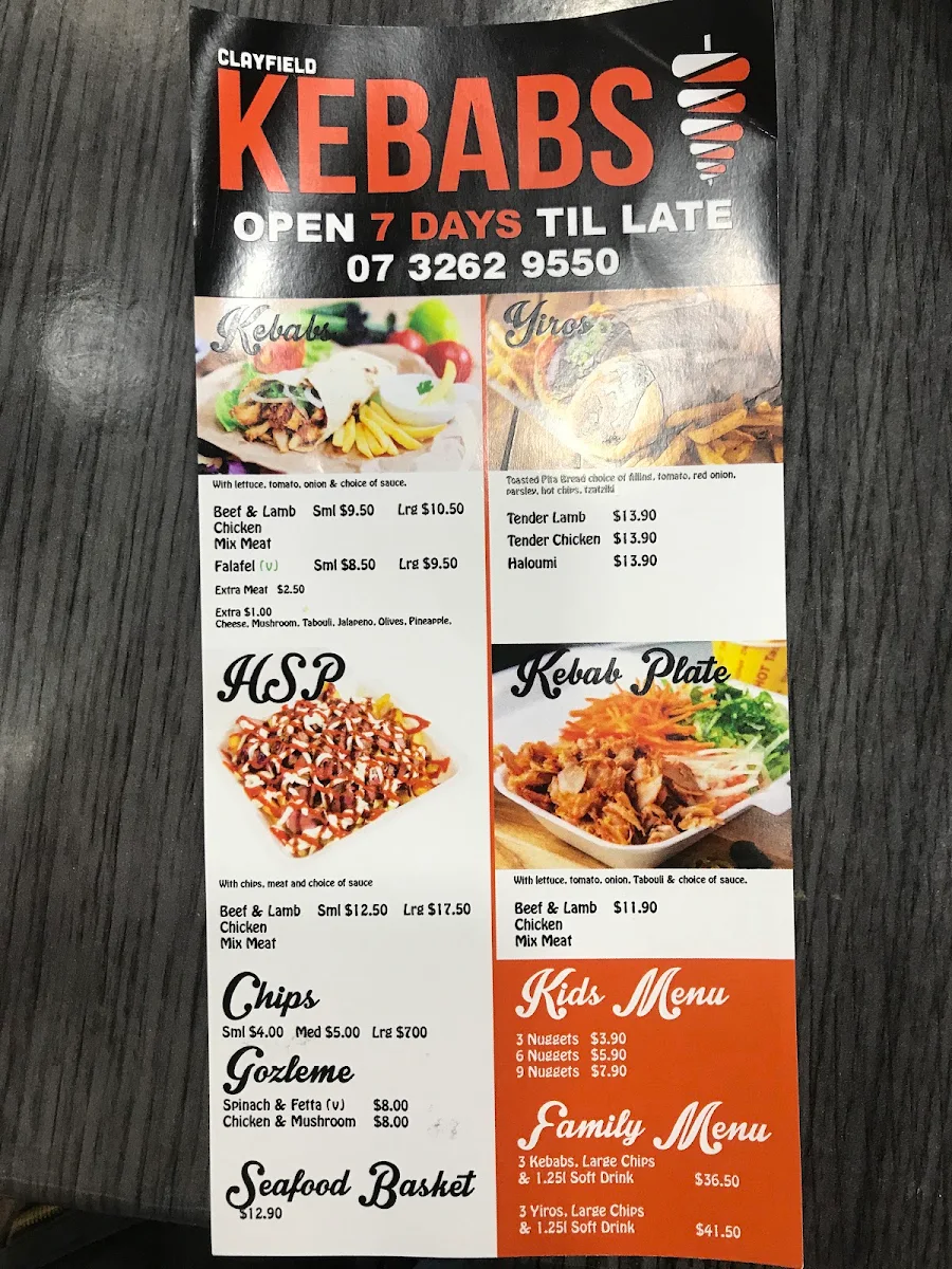 Menu, Clayfield Kebab