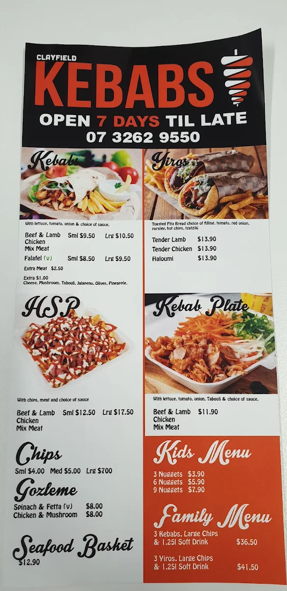 Menu, Clayfield Kebab