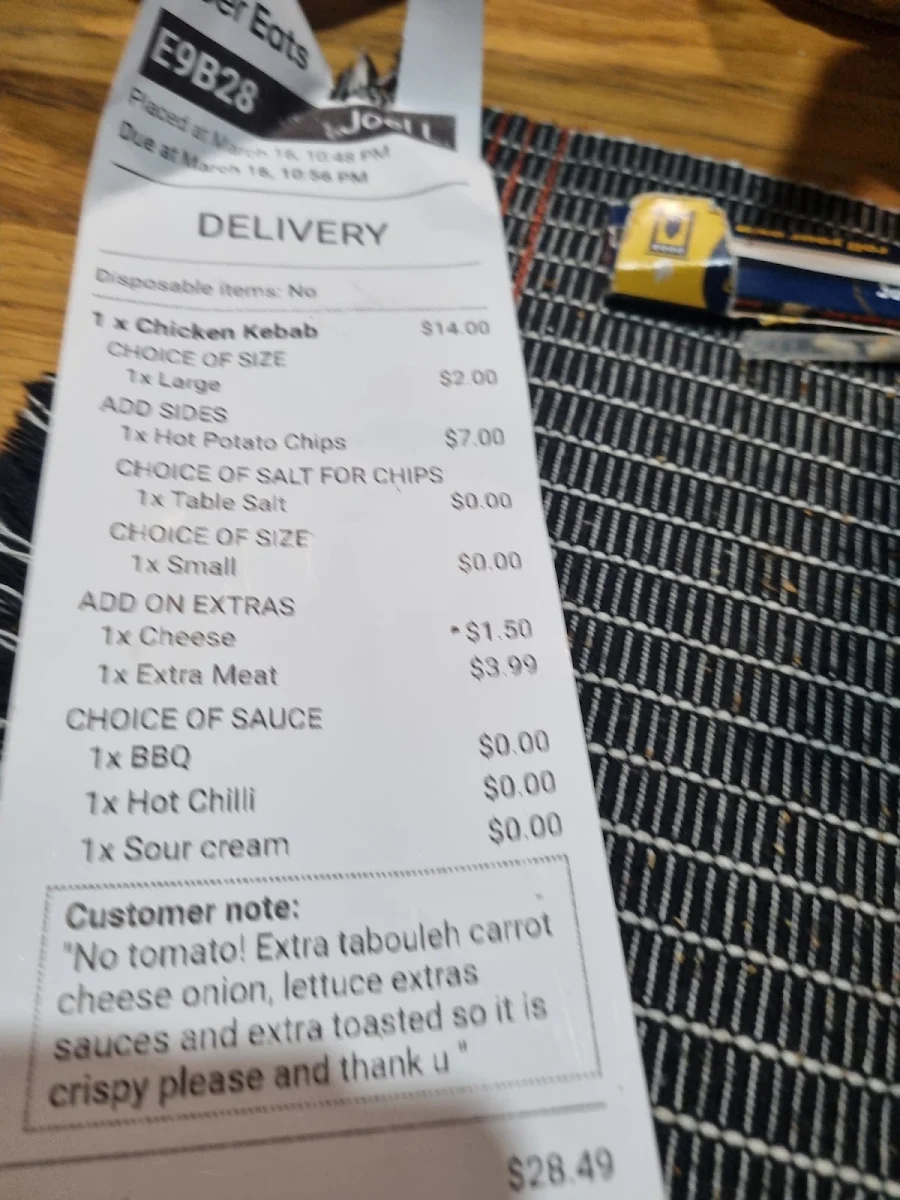 Menu, Clayfield Kebab
