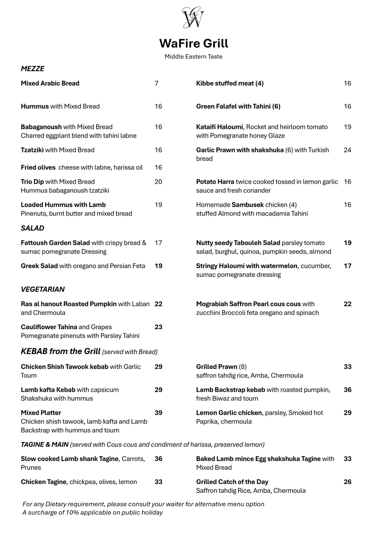 Menu, WaFire Grill