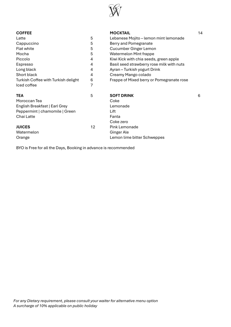 Menu, WaFire Grill