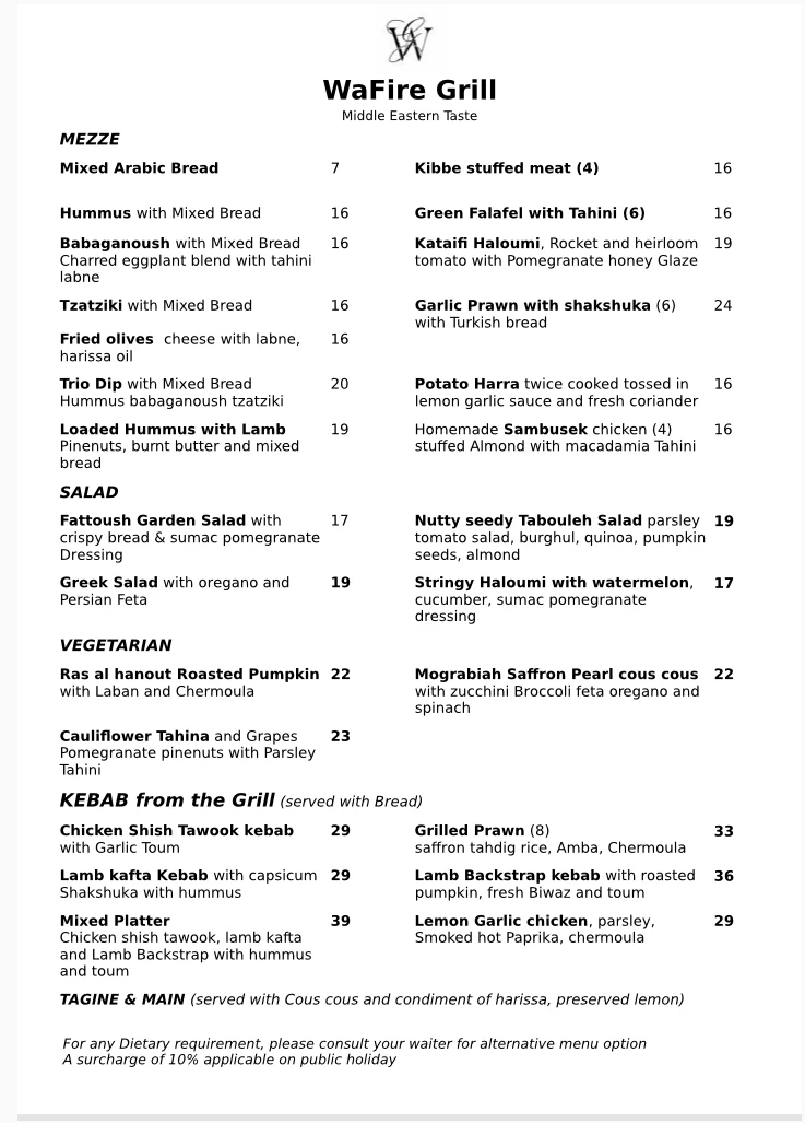 Menu, WaFire Grill