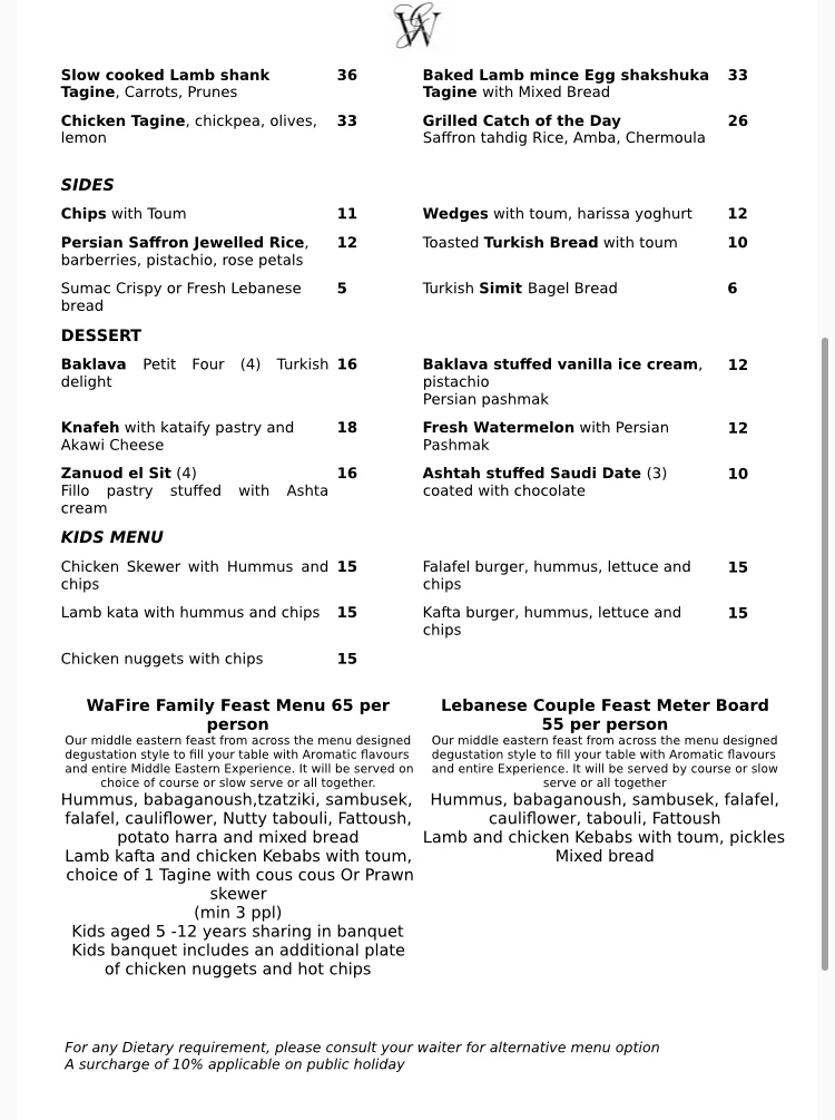 Menu, WaFire Grill