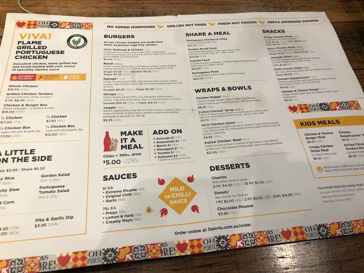 Menu, Oporto DFO South Wharf
