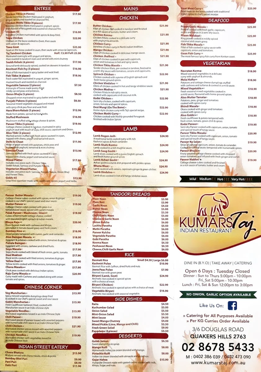 Menu, Kumars Taj