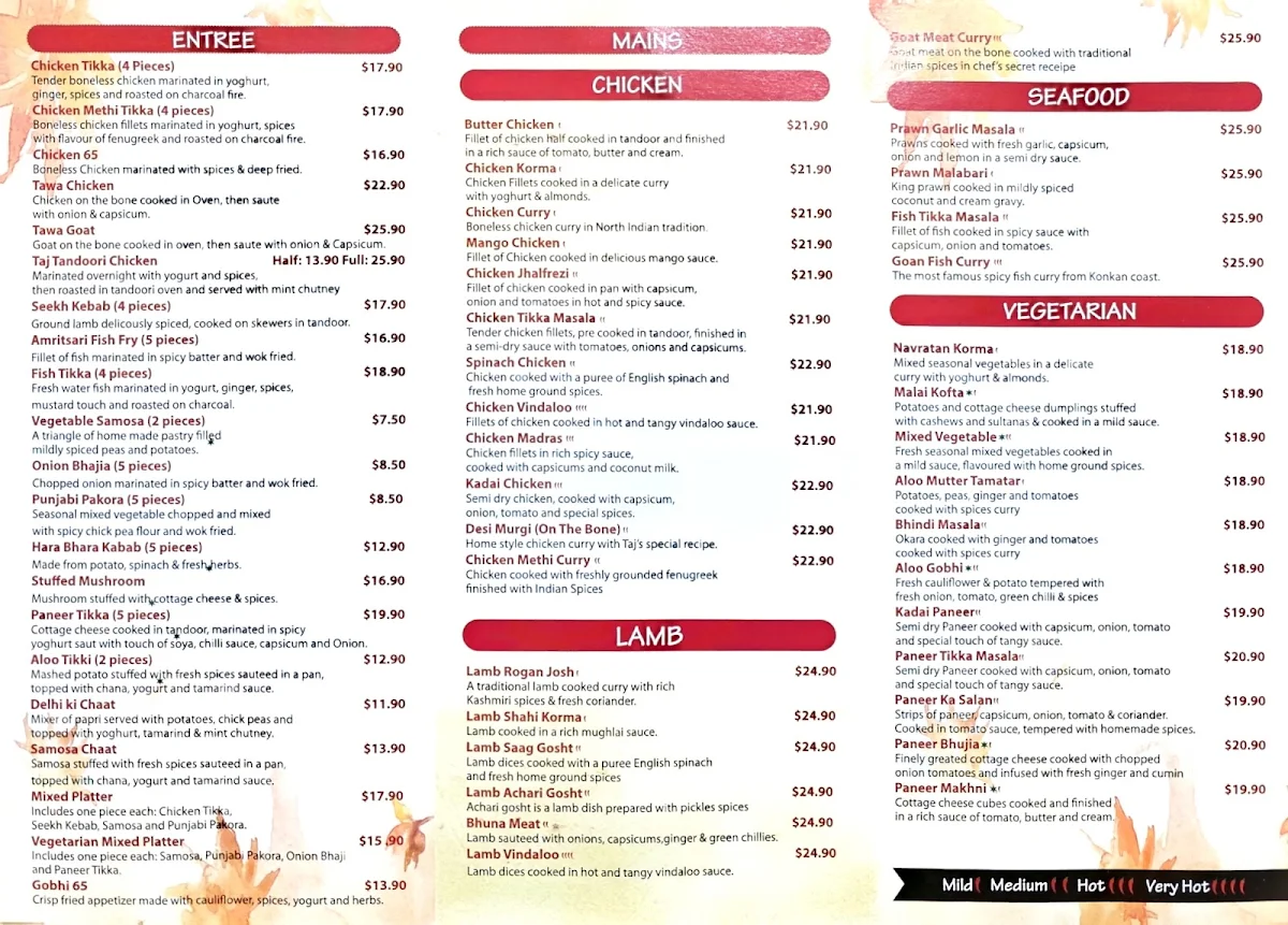 Menu, Kumars Taj