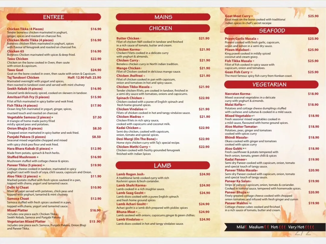 Menu, Kumars Taj