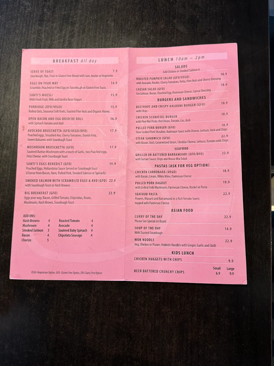 Menu, Santi's