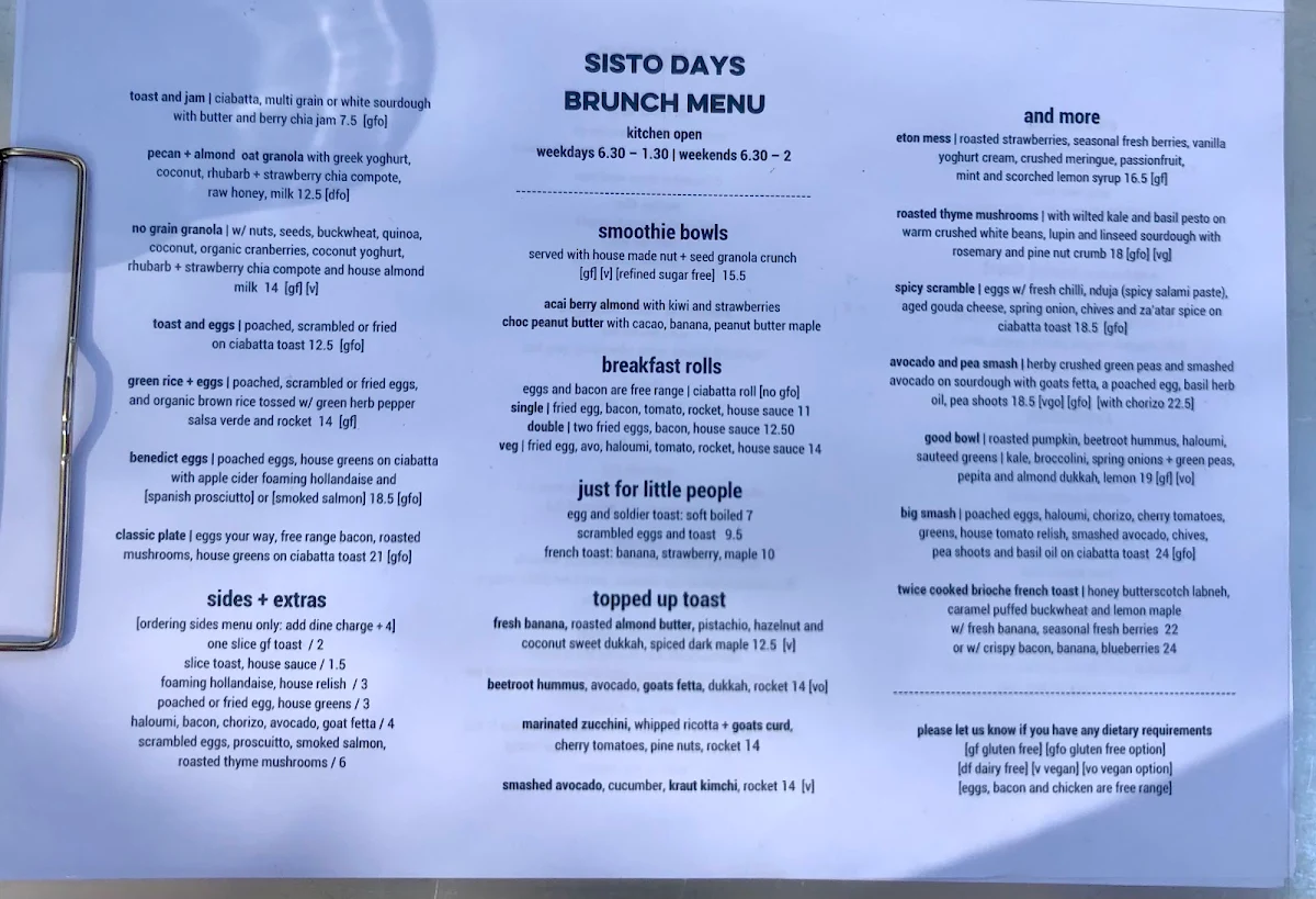 Menu, Little Sisto