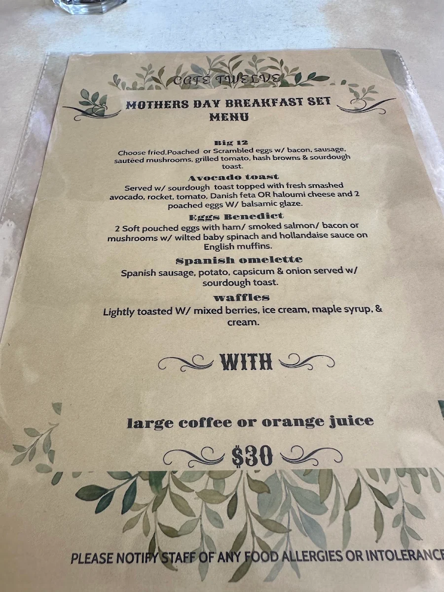 Menu, Cafe Twelve