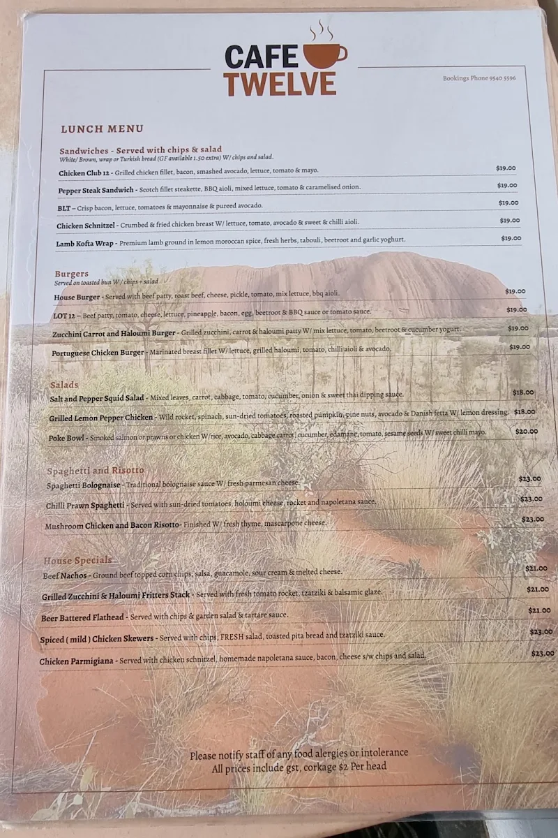 Menu, Cafe Twelve