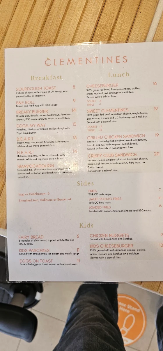 Menu, Clementines Cafe