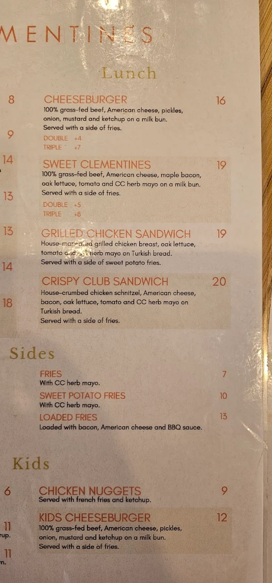 Menu, Clementines Cafe