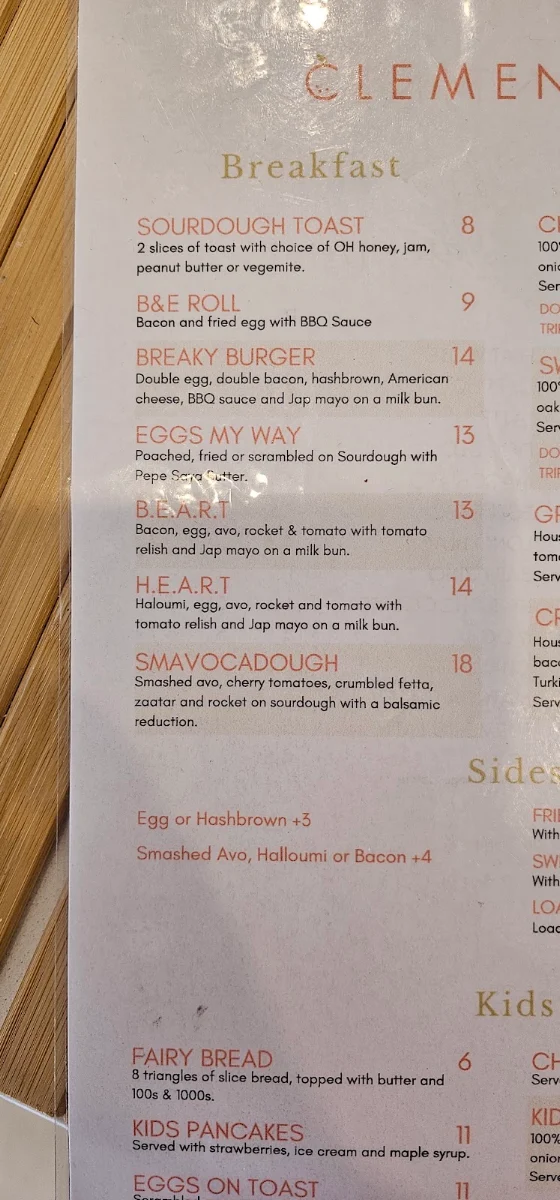 Menu, Clementines Cafe