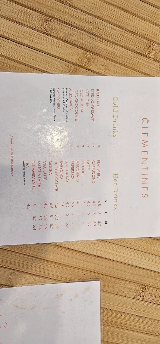 Menu, Clementines Cafe