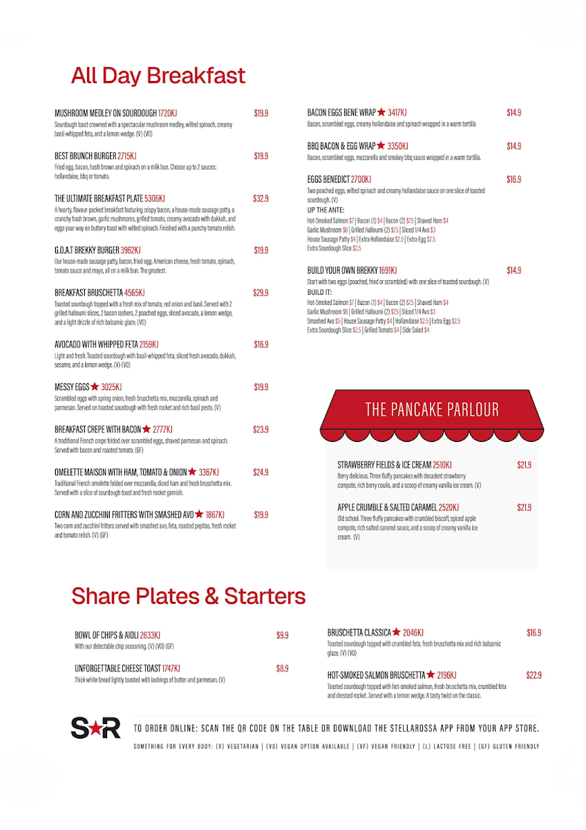 Menu, Stellarossa Parkside