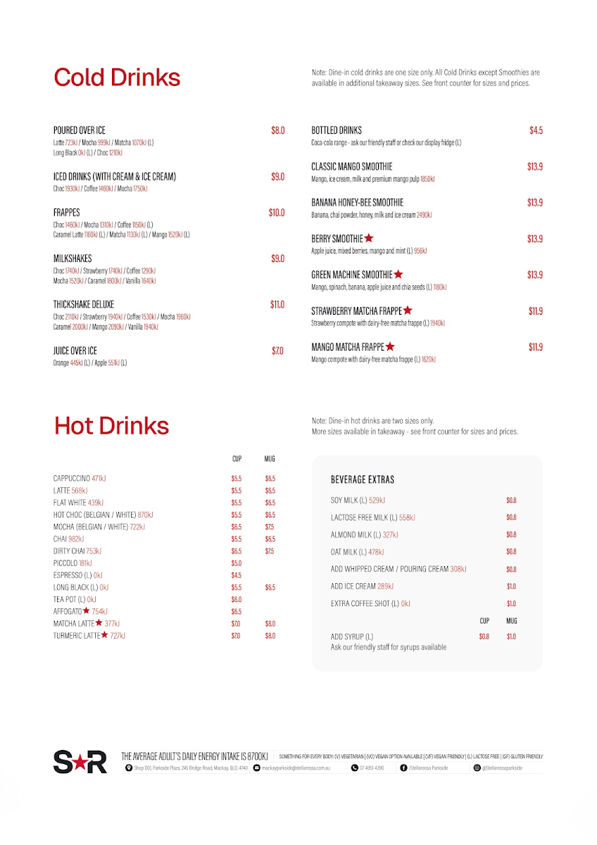 Menu, Stellarossa Parkside