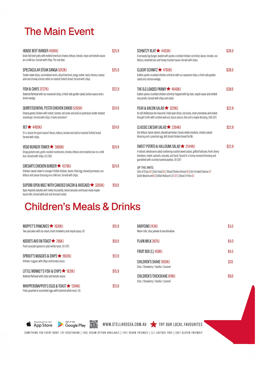 Menu, Stellarossa Parkside