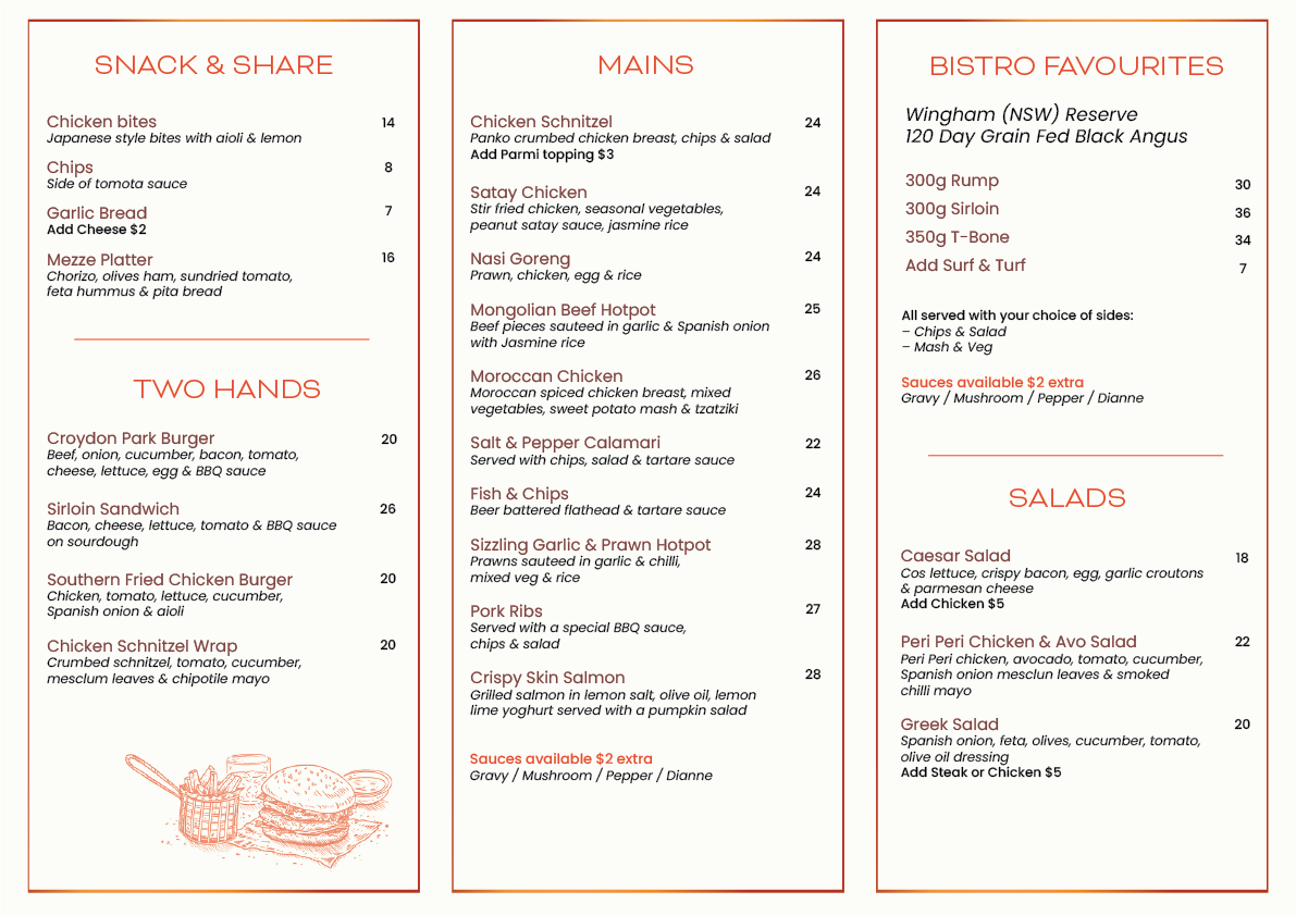 Menu, Croydon Park Hotel