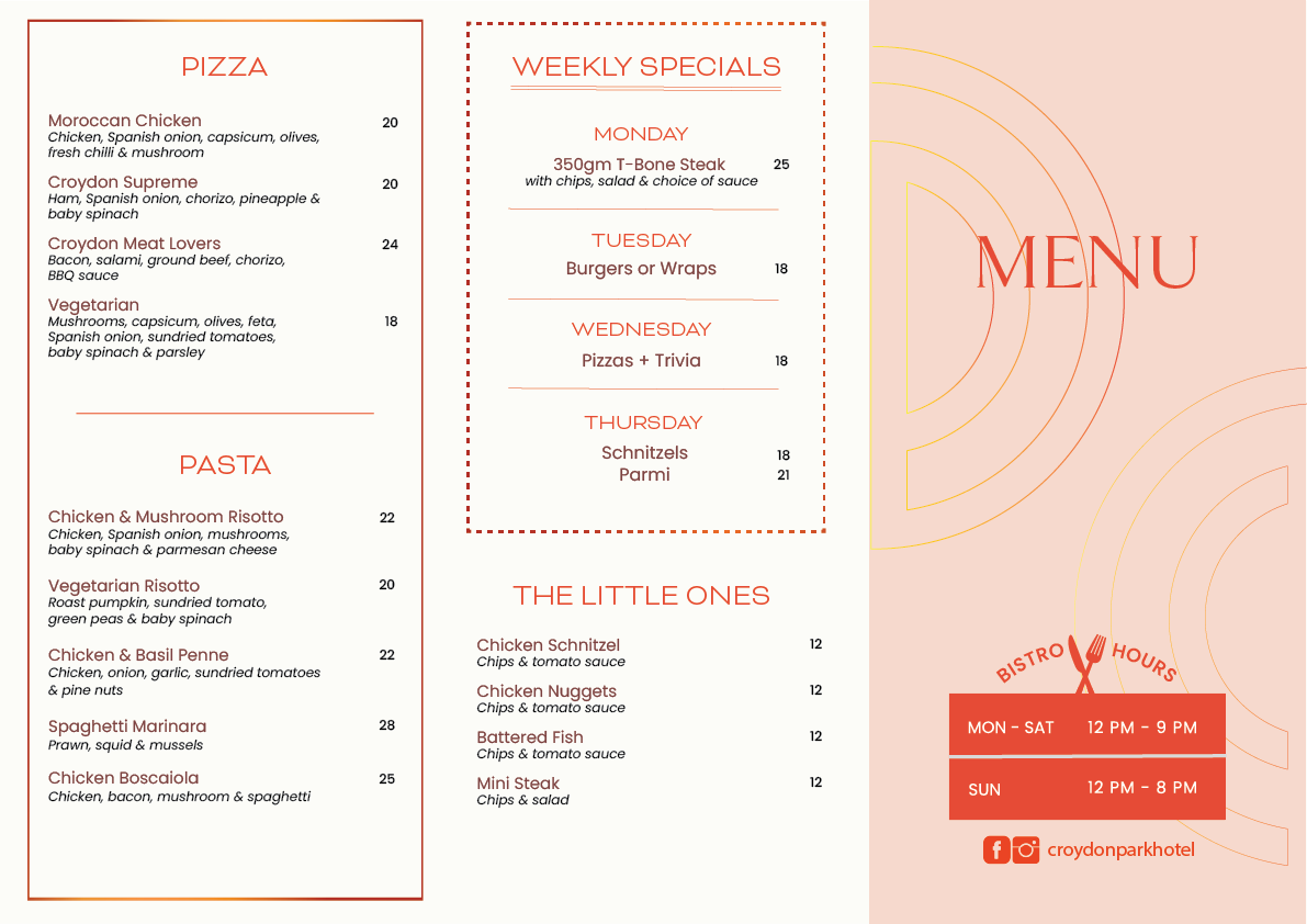Menu, Croydon Park Hotel
