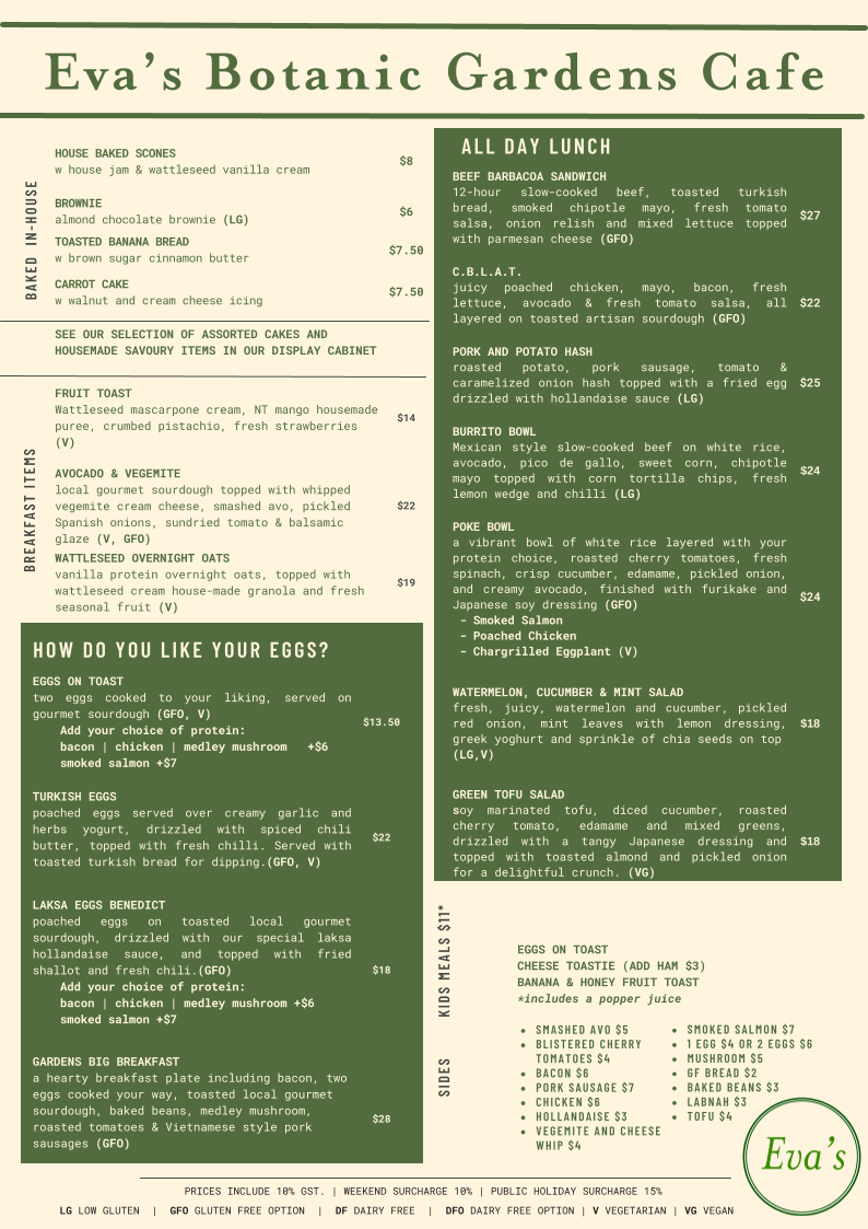 Menu, Eva's Botanic Gardens Cafe