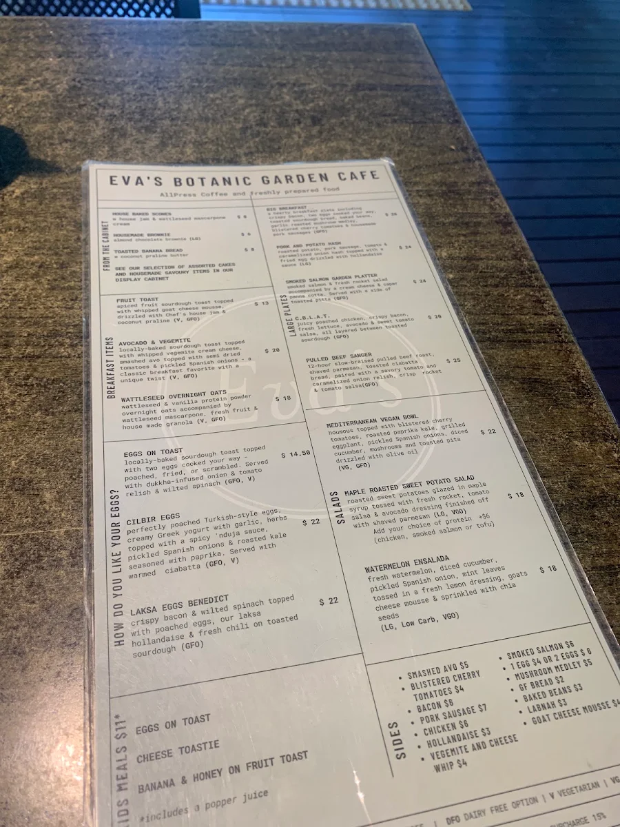 Menu, Eva's Botanic Gardens Cafe
