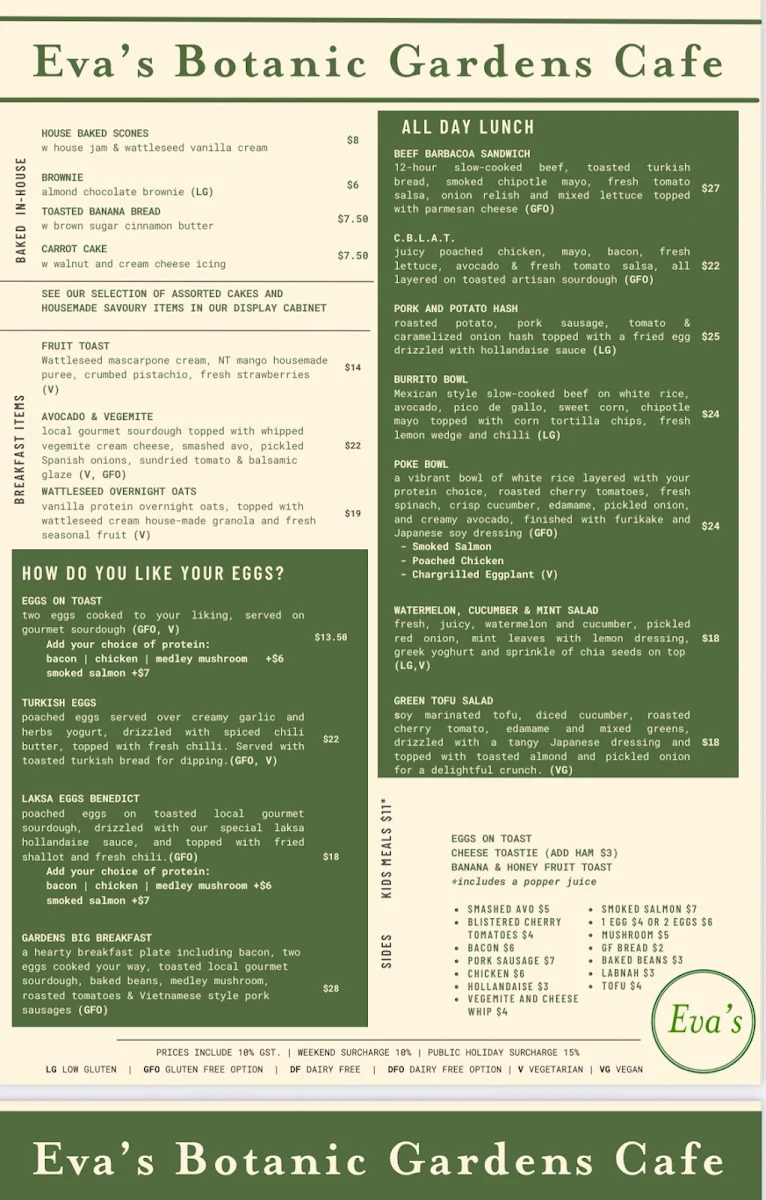 Menu, Eva's Botanic Gardens Cafe