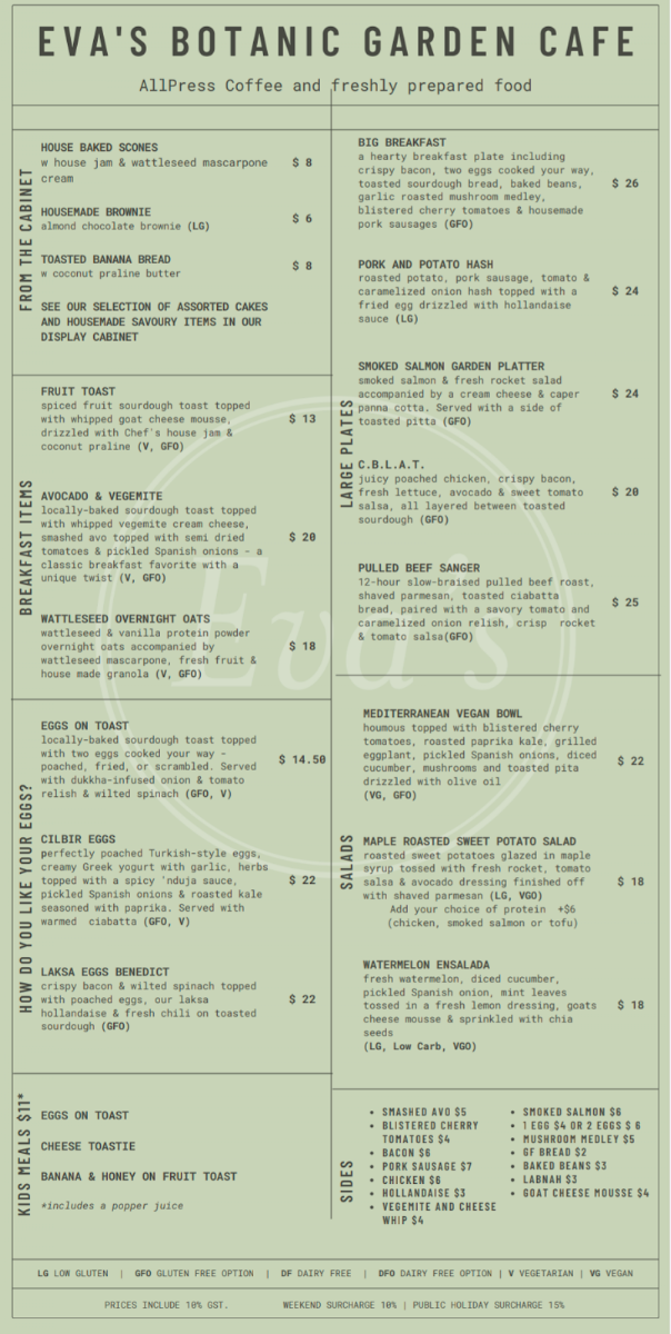 Menu, Eva's Botanic Gardens Cafe