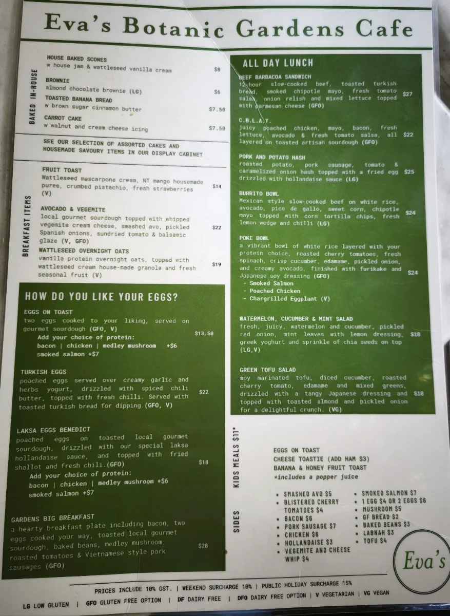 Menu, Eva's Botanic Gardens Cafe