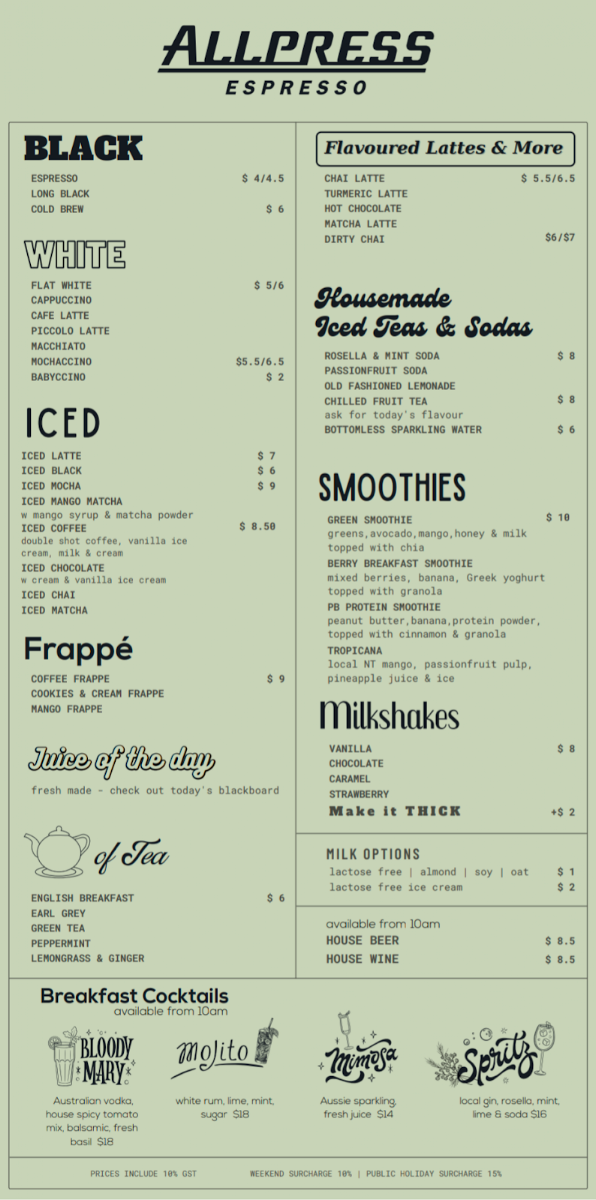 Menu, Eva's Botanic Gardens Cafe