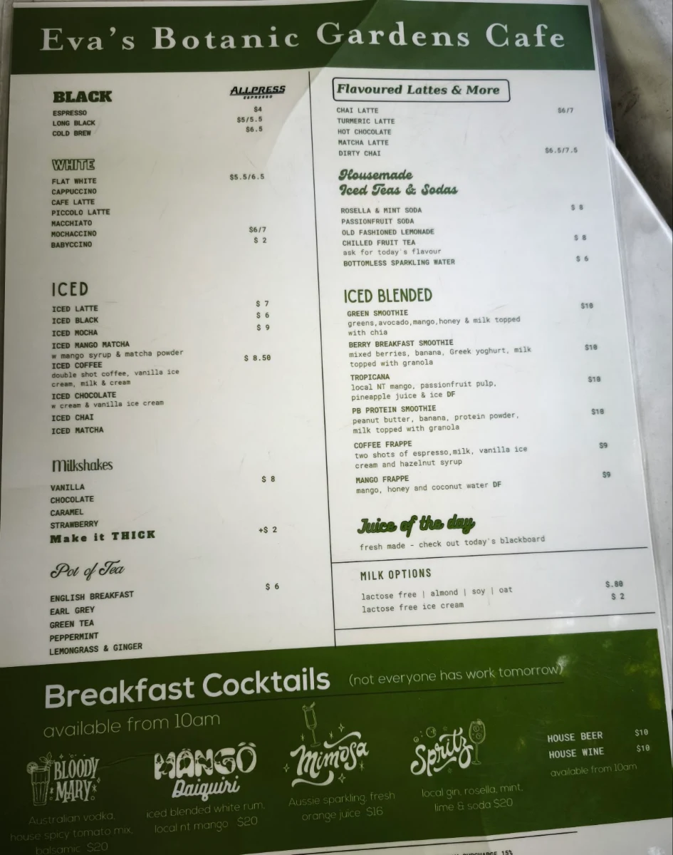 Menu, Eva's Botanic Gardens Cafe