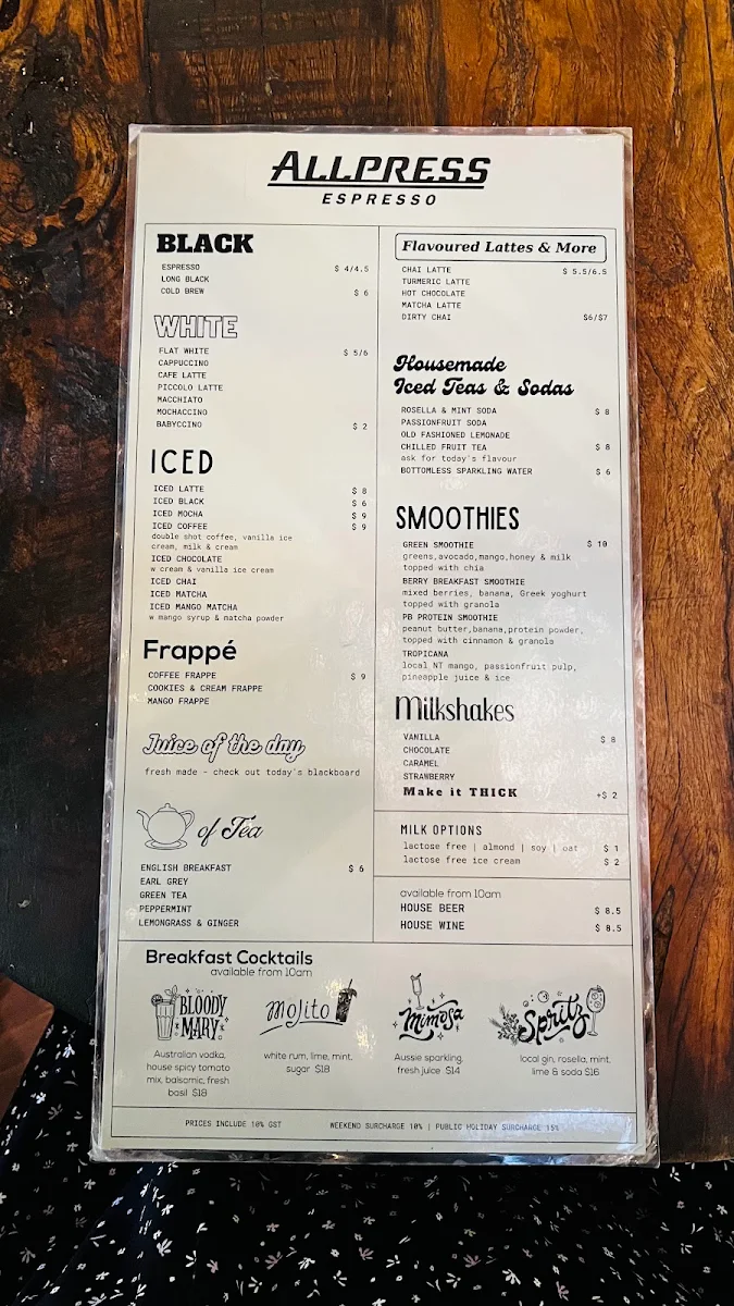 Menu, Eva's Botanic Gardens Cafe