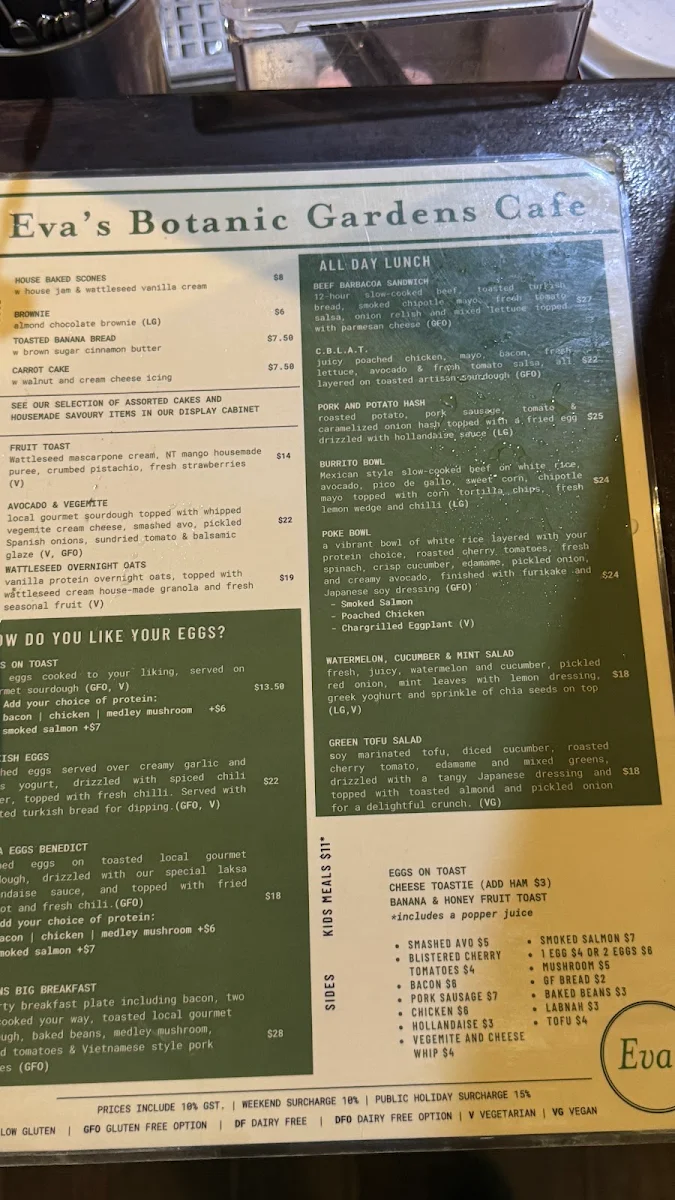 Menu, Eva's Botanic Gardens Cafe
