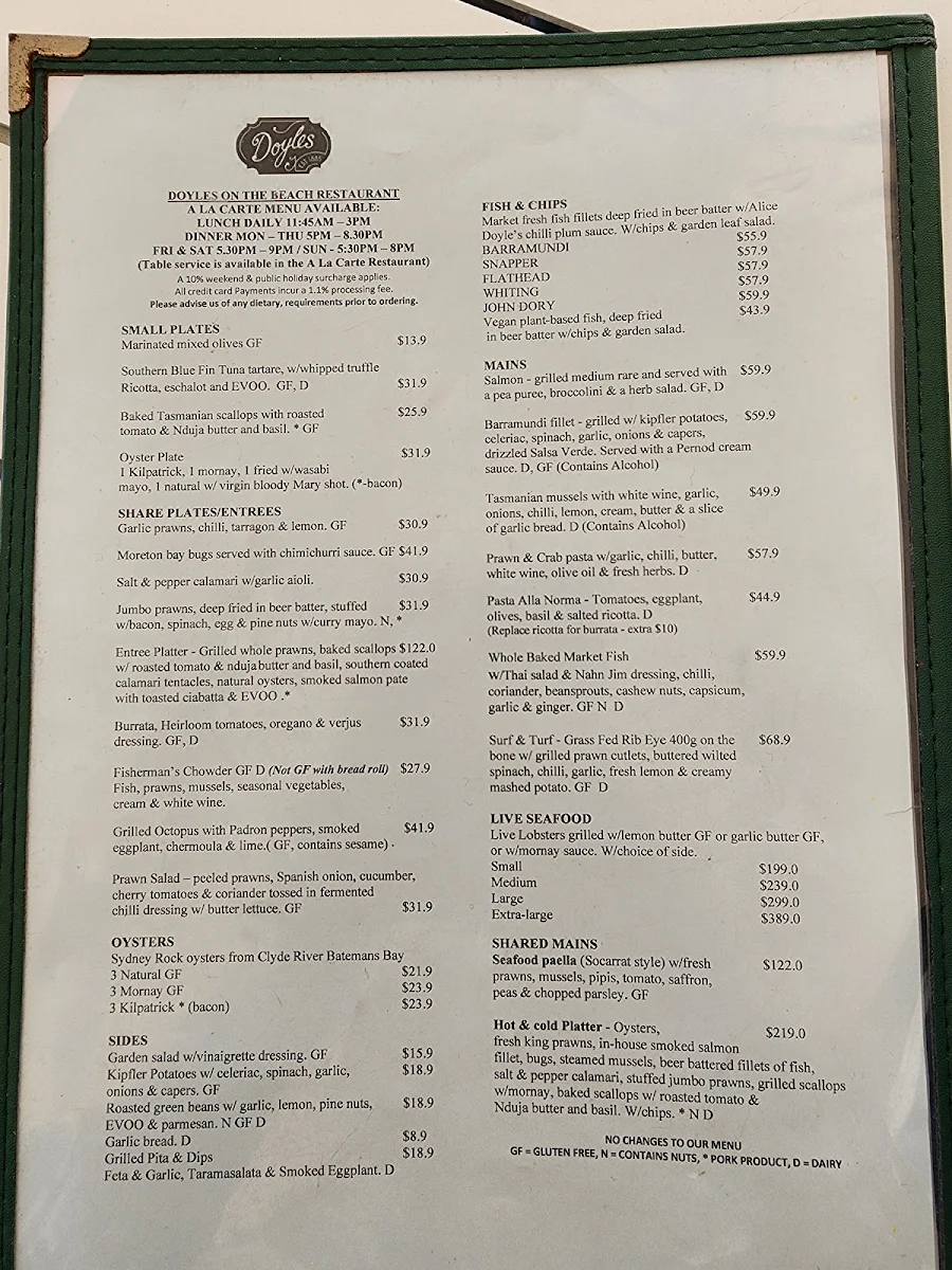 Menu, Doyles on the Beach Restaurant