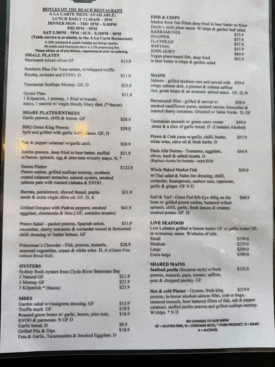 Menu, Doyles on the Beach Restaurant