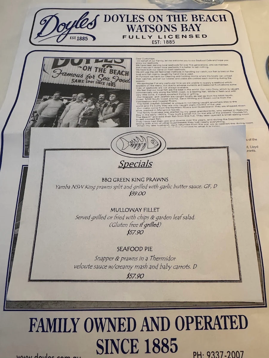 Menu, Doyles on the Beach Restaurant