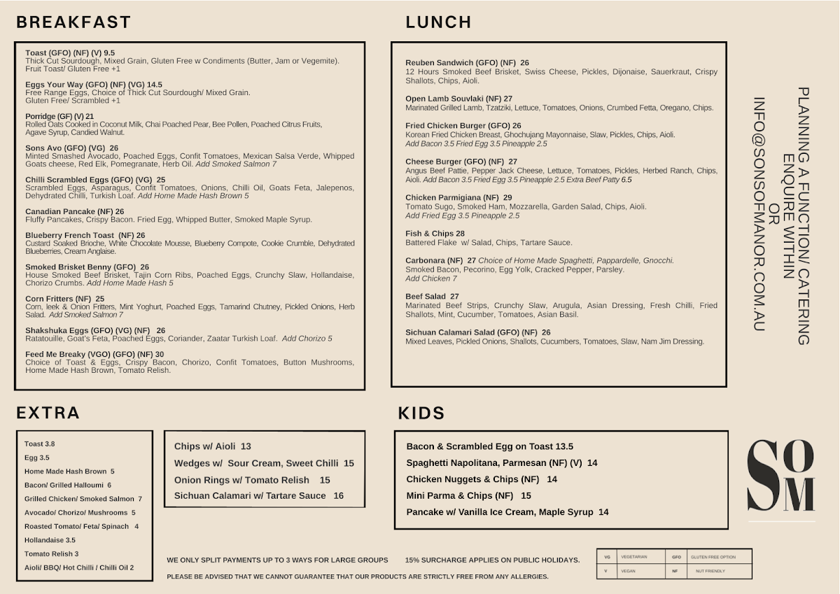 Menu, Sons of Manor- Restaurant Bar