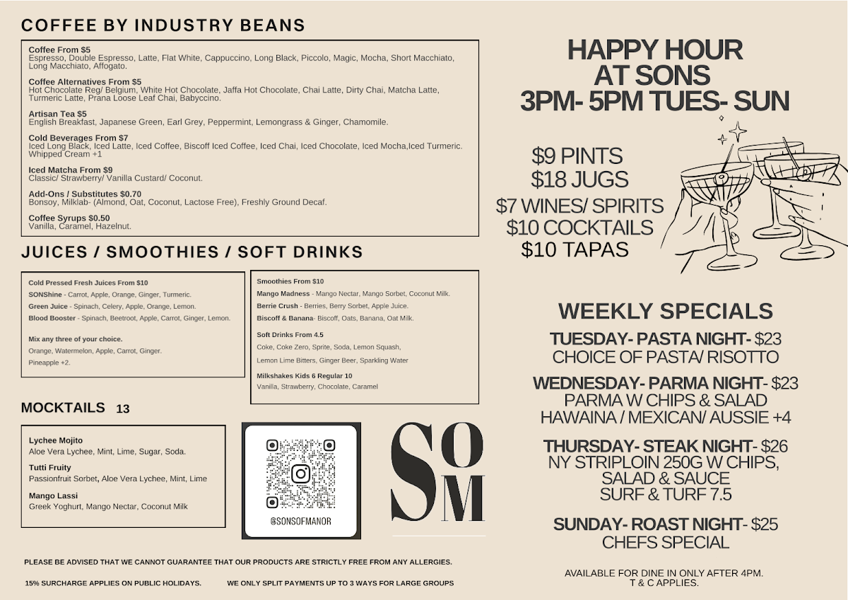 Menu, Sons of Manor- Restaurant Bar