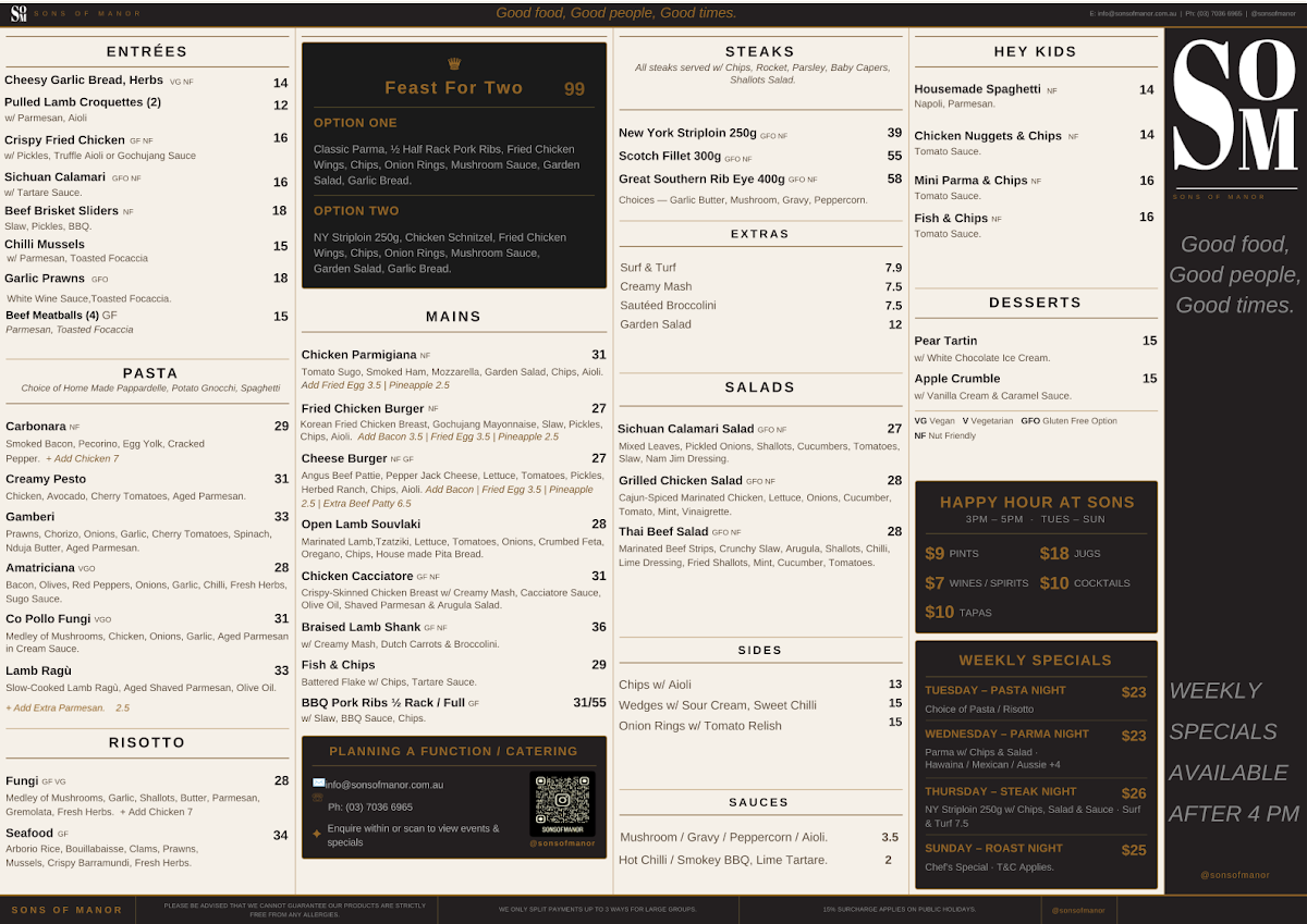 Menu, Sons of Manor- Restaurant Bar