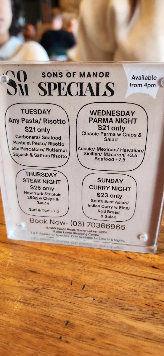 Menu, Sons of Manor- Restaurant Bar