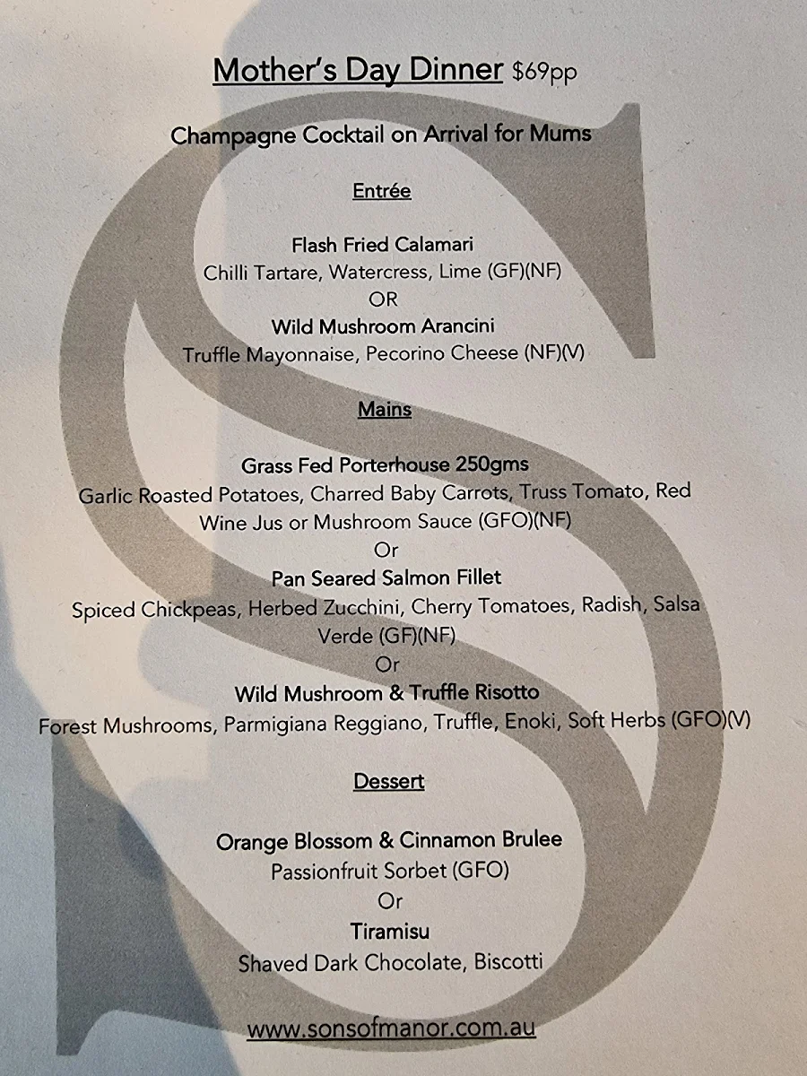 Menu, Sons of Manor- Restaurant Bar